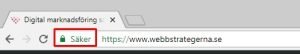 Att din hemsida har SSL visas oftast med en ikon hänglås. Ibland är också sidan grönmarkerad.