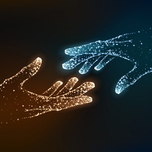 lead scoring - bild på digitala händer som når varandra